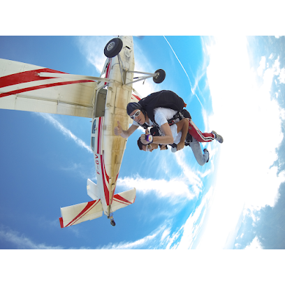 Deux personnes en parachutisme tandem sous un avion.