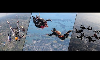 Trois images de parachutistes en chute libre au-dessus de différents paysages